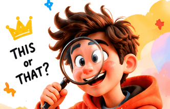 A curious cartoon explorer looking through a magnifying glass